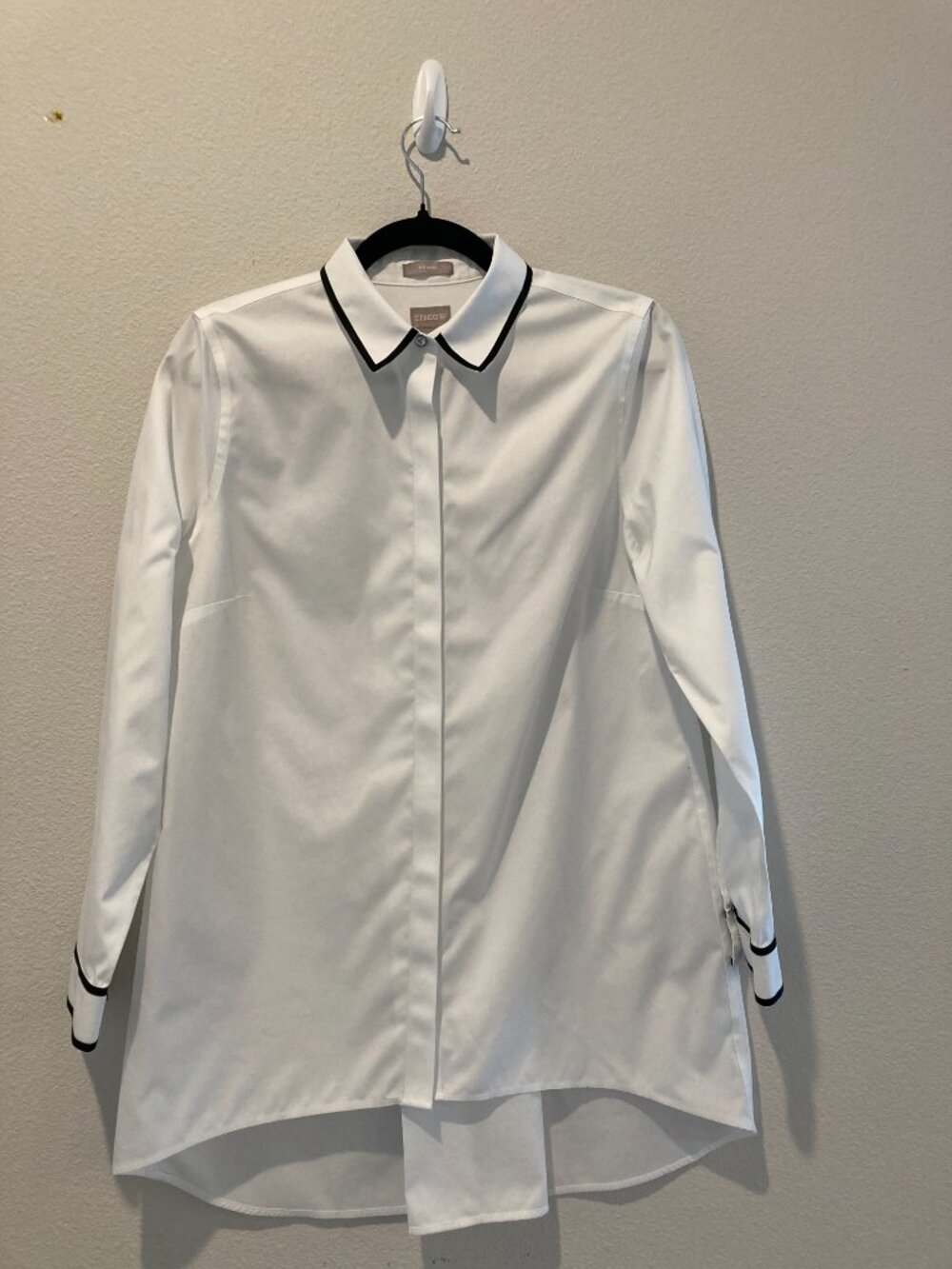 Chicos White Black Piping Long Sleeve High Low Tunic Top